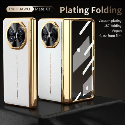 For Huawei Mate X3 5G Case PU Leather+PC Electroplating Phone Cover with Tempered Glass Screen Film