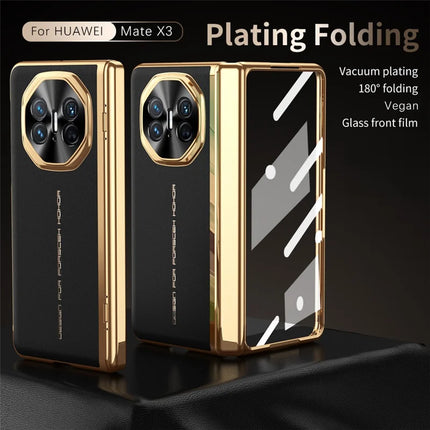 For Huawei Mate X3 5G Case PU Leather+PC Electroplating Phone Cover with Tempered Glass Screen Film