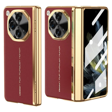 For Oppo Find N3 5G Case PU Leather+PC Electroplating Phone Cover with Tempered Glass Screen Film - Red
