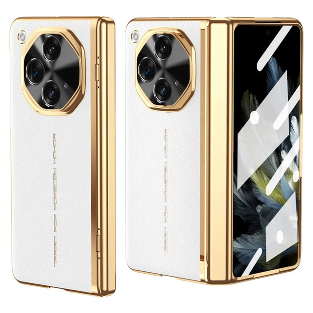 For Oppo Find N3 5G Case PU Leather+PC Electroplating Phone Cover with Tempered Glass Screen Film - White