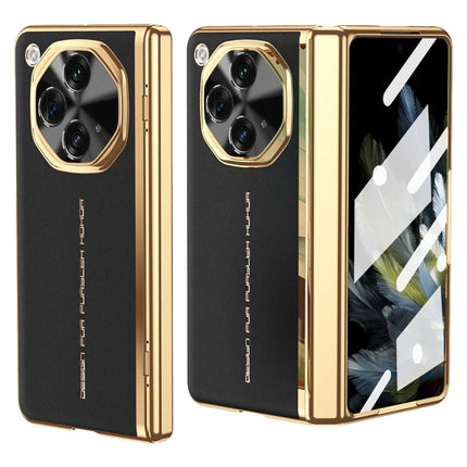 For Oppo Find N3 5G Case PU Leather+PC Electroplating Phone Cover with Tempered Glass Screen Film - Black