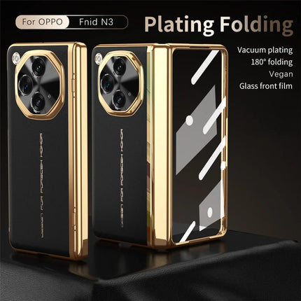 For Oppo Find N3 5G Case PU Leather+PC Electroplating Phone Cover with Tempered Glass Screen Film