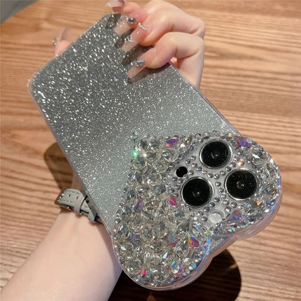 For iPhone 16 Pro Case Gradient Glitter Heart Rhinestones Shockproof Soft TPU Phone Cover - Black