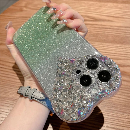 For iPhone 16 Pro Case Gradient Glitter Heart Rhinestones Shockproof Soft TPU Phone Cover - Green