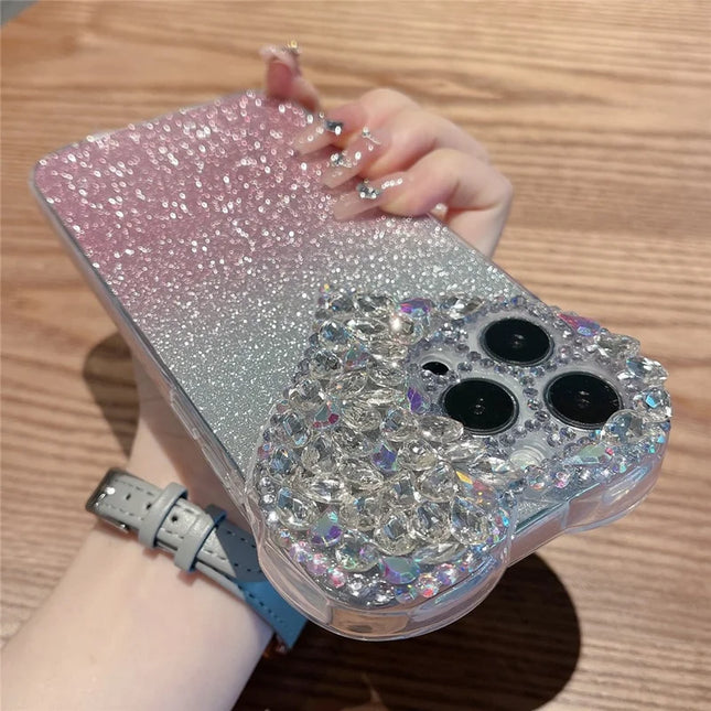 For iPhone 16 Pro Max Case Gradient Glitter Heart Rhinestones Shockproof Soft TPU Phone Cover - Pink