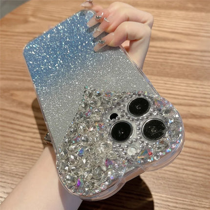 For iPhone 16 Pro Max Case Gradient Glitter Heart Rhinestones Shockproof Soft TPU Phone Cover - Blue
