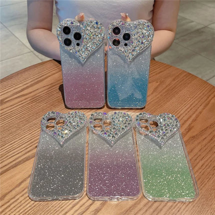 For iPhone 16 Pro Max Case Gradient Glitter Heart Rhinestones Shockproof Soft TPU Phone Cover