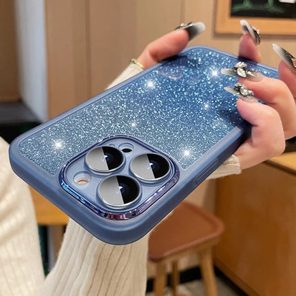 For iPhone 16 Pro Case Gradient Glitter Shockproof PC+TPU Phone Cover with Lens Film - Blue