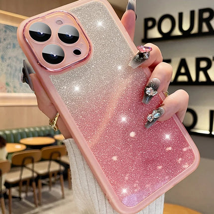 For iPhone 16 Pro Max Case Gradient Glitter Shockproof PC+TPU Phone Cover with Lens Film - Pink