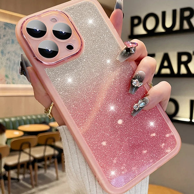 For iPhone 16 Pro Max Case Gradient Glitter Shockproof PC+TPU Phone Cover with Lens Film - Pink