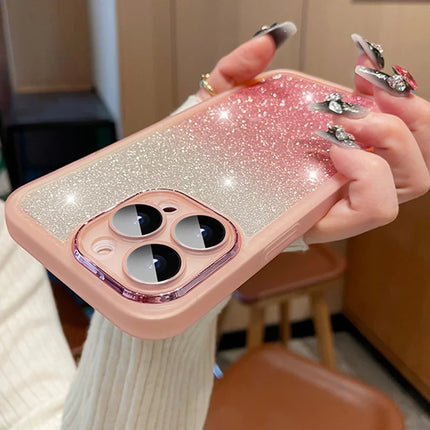 For iPhone 16 Pro Max Case Gradient Glitter Shockproof PC+TPU Phone Cover with Lens Film