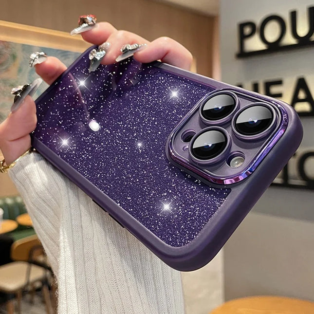 For iPhone 16 Pro Max Case Gradient Glitter Shockproof PC+TPU Phone Cover with Lens Film - Dark Purple