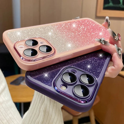 For iPhone 16 Pro Max Case Gradient Glitter Shockproof PC+TPU Phone Cover with Lens Film