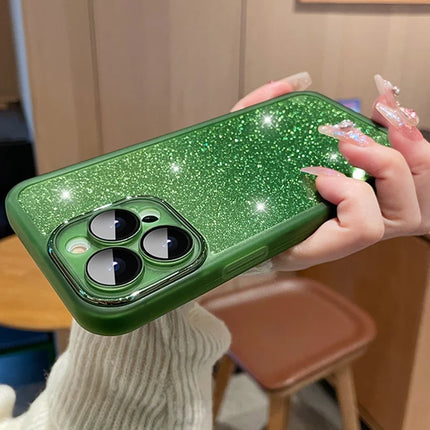 For iPhone 16 Pro Max Case Gradient Glitter Shockproof PC+TPU Phone Cover with Lens Film - Green