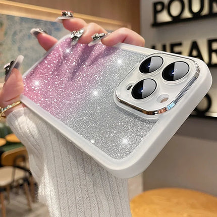 For iPhone 16 Pro Max Case Gradient Glitter Shockproof PC+TPU Phone Cover with Lens Film - Silver