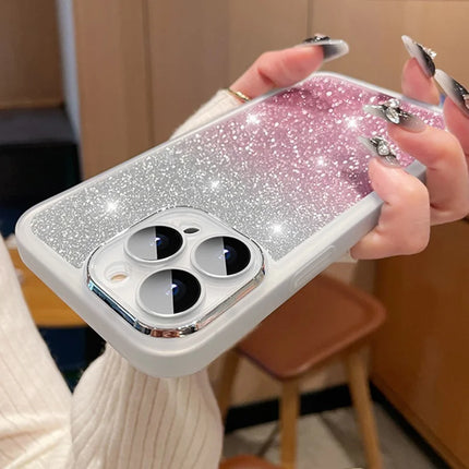 For iPhone 16 Pro Max Case Gradient Glitter Shockproof PC+TPU Phone Cover with Lens Film
