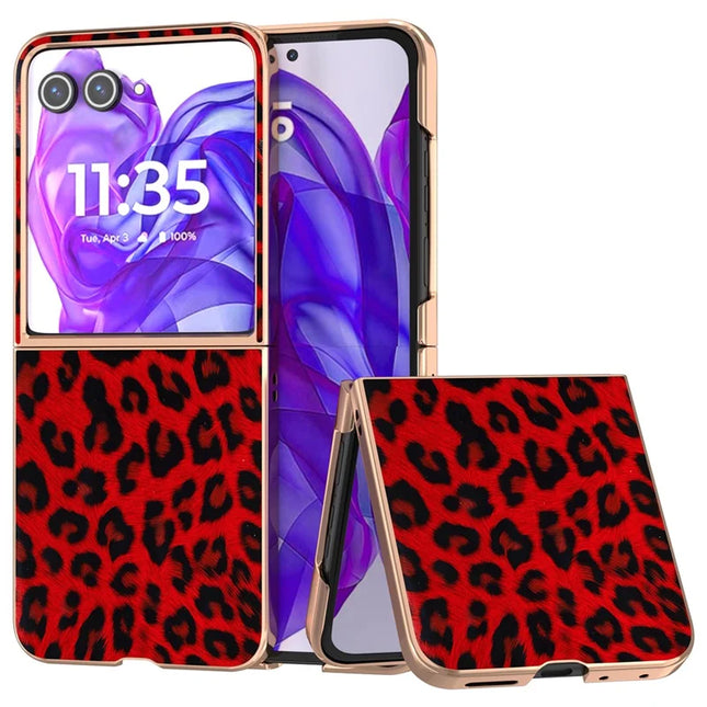 For Motorola Razr 50 Ultra 5G Case Electroplating Leopard Pattern PU+TPU Phone Cover - Red