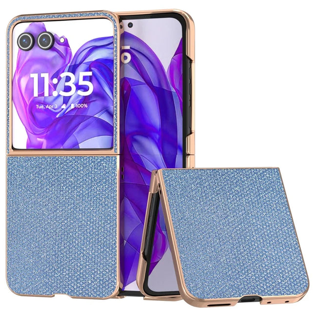 For Motorola Razr 50 Ultra 5G Case Rhinestone Texture PU+TPU Phone Cover Electroplating Edge - Blue
