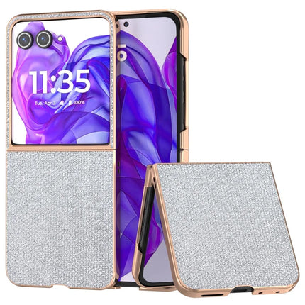 For Motorola Razr 50 Ultra 5G Case Rhinestone Texture PU+TPU Phone Cover Electroplating Edge - Silver