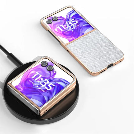 For Motorola Razr 50 Ultra 5G Case Rhinestone Texture PU+TPU Phone Cover Electroplating Edge