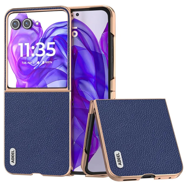 ABEEL For Motorola Razr 50 Ultra 5G Case Genuine Cow Leather+PC+TPU Electroplating Phone Cover - Blue