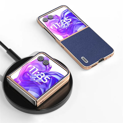 ABEEL For Motorola Razr 50 Ultra 5G Case Genuine Cow Leather+PC+TPU Electroplating Phone Cover