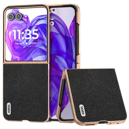 ABEEL For Motorola Razr 50 Ultra 5G Case Genuine Cow Leather+PC+TPU Electroplating Phone Cover - Black