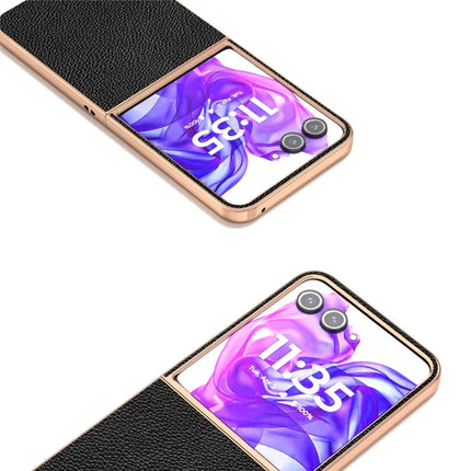 ABEEL For Motorola Razr 50 Ultra 5G Case Genuine Cow Leather+PC+TPU Electroplating Phone Cover