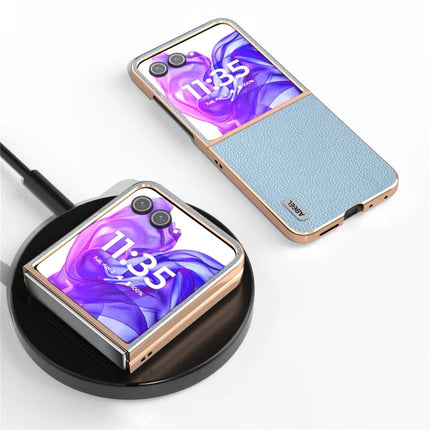 ABEEL For Motorola Razr 50 Ultra 5G Case Genuine Cow Leather+PC+TPU Electroplating Phone Cover