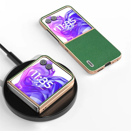 ABEEL For Motorola Razr 50 Ultra 5G Case Genuine Cow Leather+PC+TPU Electroplating Phone Cover