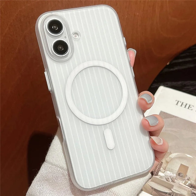 For iPhone 16 Plus Case Corrugated Texture Hard PC Phone Cover Compatible with MagSafe - Transparent White