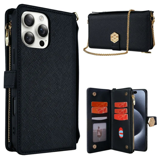 For iPhone 16 Pro Case Cross Texture PU Leather+TPU Wallet Phone Cover with Straps - Black