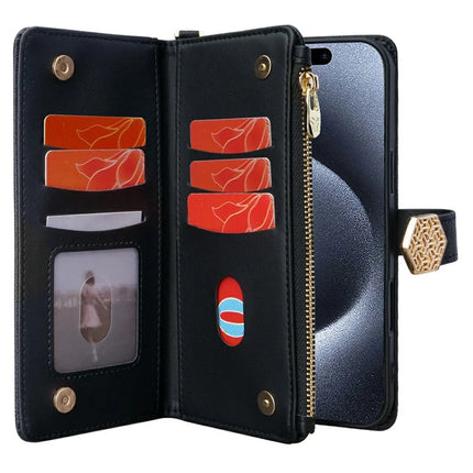 For iPhone 16 Pro Case Cross Texture PU Leather+TPU Wallet Phone Cover with Straps