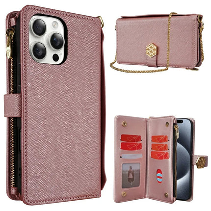 For iPhone 16 Pro Max Case Cross Texture PU Leather+TPU Wallet Phone Cover with Straps - Rose Gold