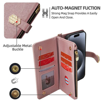 For iPhone 16 Pro Max Case Cross Texture PU Leather+TPU Wallet Phone Cover with Straps