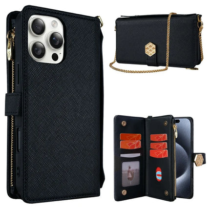 For iPhone 16 Pro Max Case Cross Texture PU Leather+TPU Wallet Phone Cover with Straps - Black