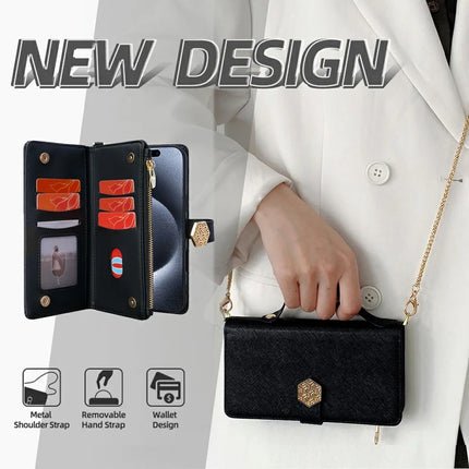 For iPhone 16 Pro Max Case Cross Texture PU Leather+TPU Wallet Phone Cover with Straps