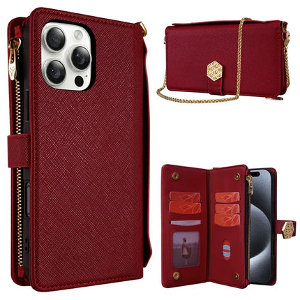 For iPhone 16 Pro Max Case Cross Texture PU Leather+TPU Wallet Phone Cover with Straps - Red