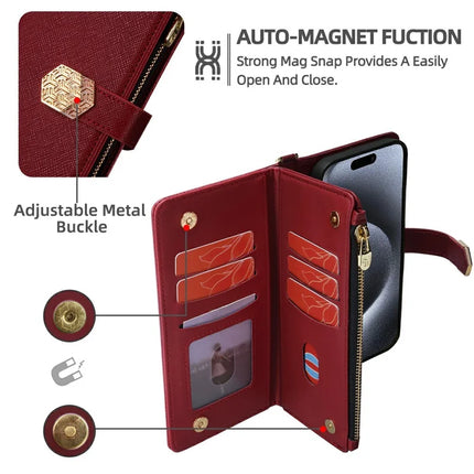 For iPhone 16 Pro Max Case Cross Texture PU Leather+TPU Wallet Phone Cover with Straps