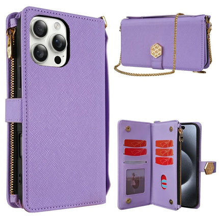 For iPhone 16 Pro Max Case Cross Texture PU Leather+TPU Wallet Phone Cover with Straps - Purple