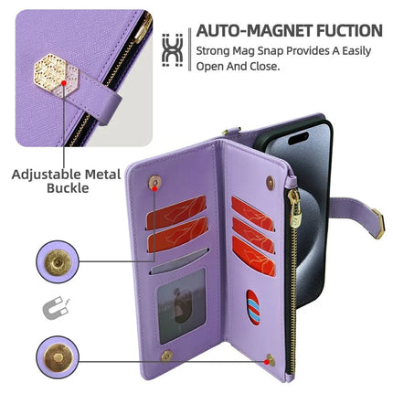 For iPhone 16 Pro Max Case Cross Texture PU Leather+TPU Wallet Phone Cover with Straps
