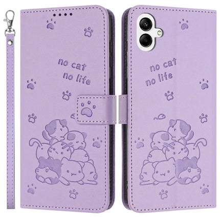 For Samsung Galaxy A05 4G Case with Strap Cats Imprint Leather Wallet Phone Cover - Purple