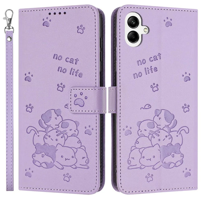 For Samsung Galaxy A05 4G Case with Strap Cats Imprint Leather Wallet Phone Cover - Purple