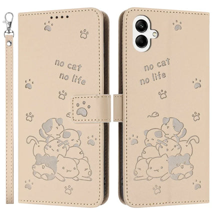 For Samsung Galaxy A05 4G Case with Strap Cats Imprint Leather Wallet Phone Cover - Beige