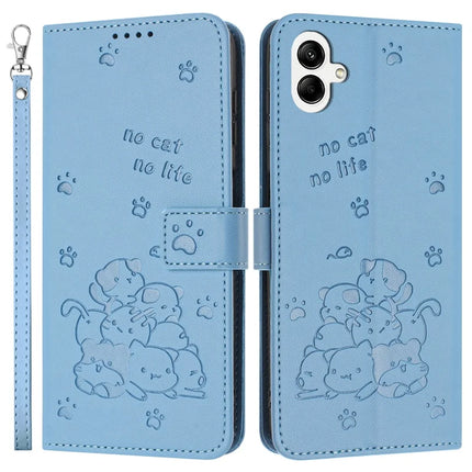 For Samsung Galaxy A05 4G Case with Strap Cats Imprint Leather Wallet Phone Cover - Blue