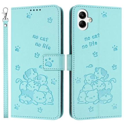 For Samsung Galaxy A05 4G Case with Strap Cats Imprint Leather Wallet Phone Cover - Green