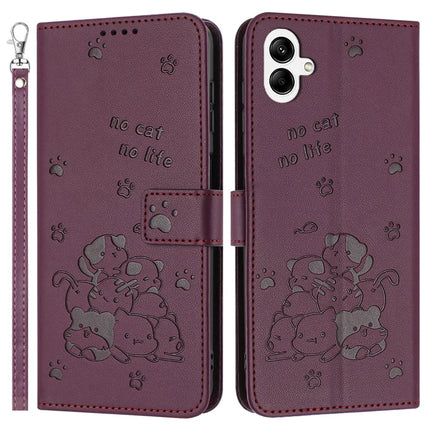For Samsung Galaxy A05 4G Case with Strap Cats Imprint Leather Wallet Phone Cover - Wine Red