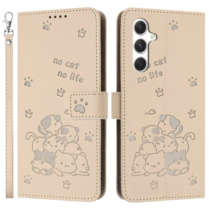 For Samsung Galaxy A05s 4G Case with Strap Cats Imprint Leather Wallet Phone Cover - Beige