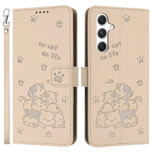 For Samsung Galaxy A05s 4G Case with Strap Cats Imprint Leather Wallet Phone Cover - Beige