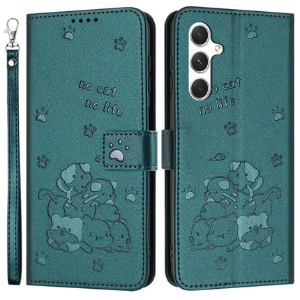 For Samsung Galaxy A05s 4G Case with Strap Cats Imprint Leather Wallet Phone Cover - Blackish Green